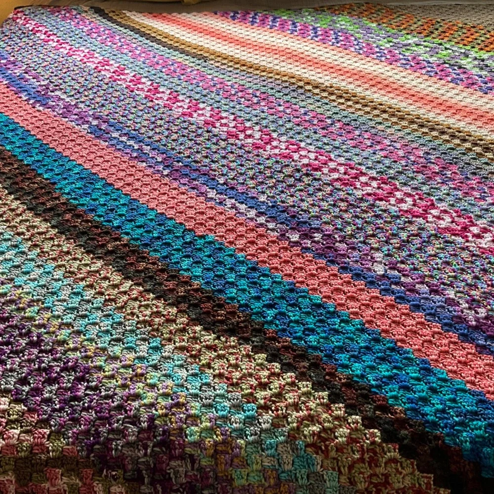 Handmade Crochet Striped Blanket Multi‎ Color Boho Cozy Cottagecore Grannycore